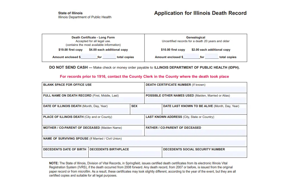 A screenshot showing the Application for Illinois Death Record form, one of the documents needed that must be completed and submitted when requesting a death certificate through mail or fax.