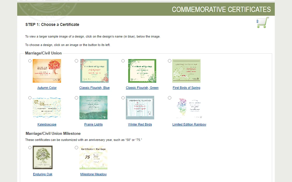 A screenshot of the step one process in ordering a commemorative marriage certificate online in the Commemorative Certificates Store service offered by the Cook County Clerk's Office for couples wanting a commemorative marriage certificate.