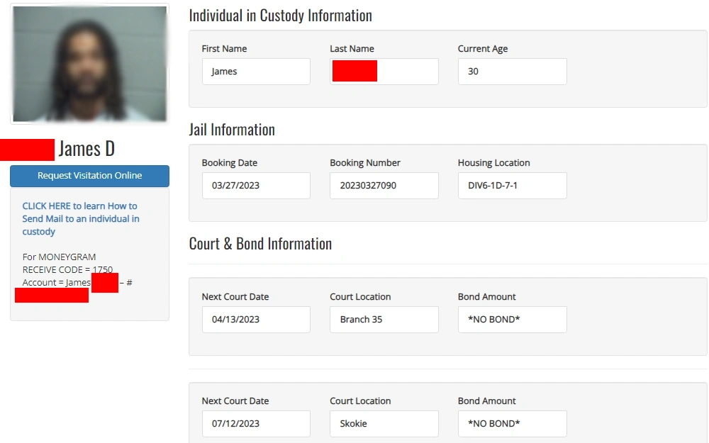 A screenshot showing a sample Individual in Custody Information results when one uses the inmate locator that the Cook County Sheriff's Office provides by searching the inmate's full name.