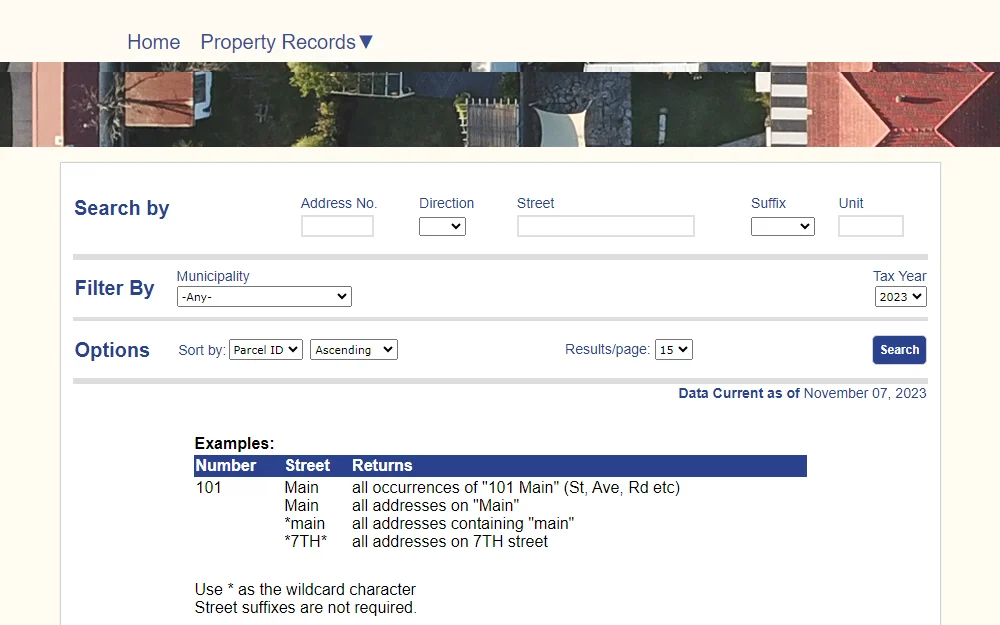 A screenshot showing the Property Records search portal available on the Cook County Assessor's Office website, which can be searched by proving the complete address or through other options.