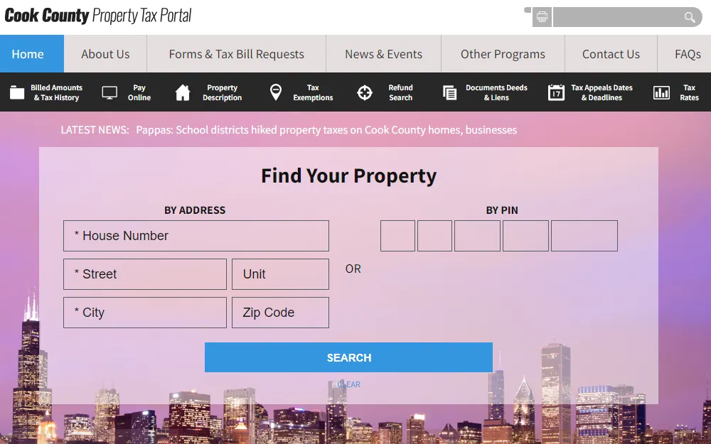 A screenshot showing the Cook County Property Tax Portal that requires the complete address or PIN when one wants to find details or information about their property.