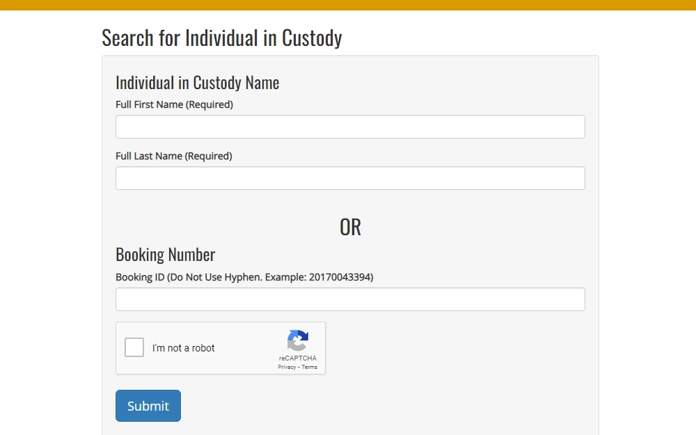 A screenshot showing the inmate locator tool provided by the Cook County Sheriff's Office, where one can find information about an individual in custody by searching the person's full name or by providing the booking number of the person one is looking for. 
