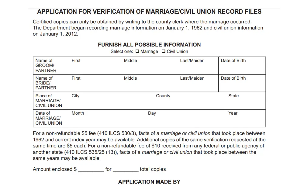 A screenshot showing the application form document for verification of marriage/civil union record files that must be submitted and filled out when requesting a marriage record.