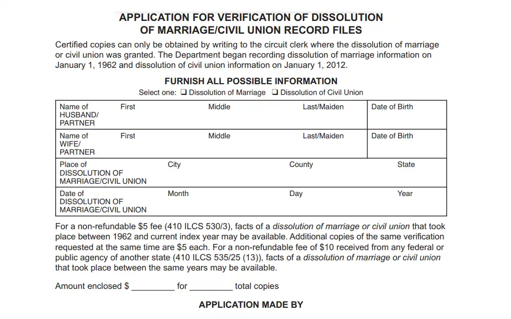 A screenshot showing the application for verification of dissolution of marriage/civil union record file form that must be filled out and submitted when a couple wants to obtain their divorce record.