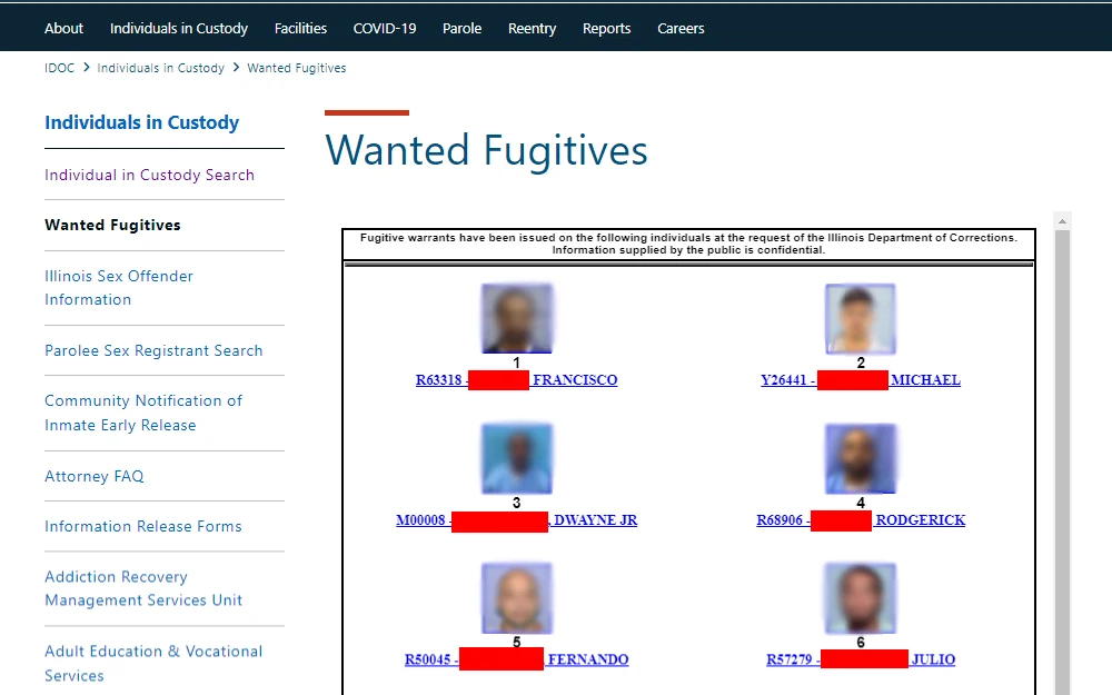 A screenshot showing the list of wanted fugitives in Illinois provided by the Illinois Department of Corrections showing their pictures, full names, and other info.