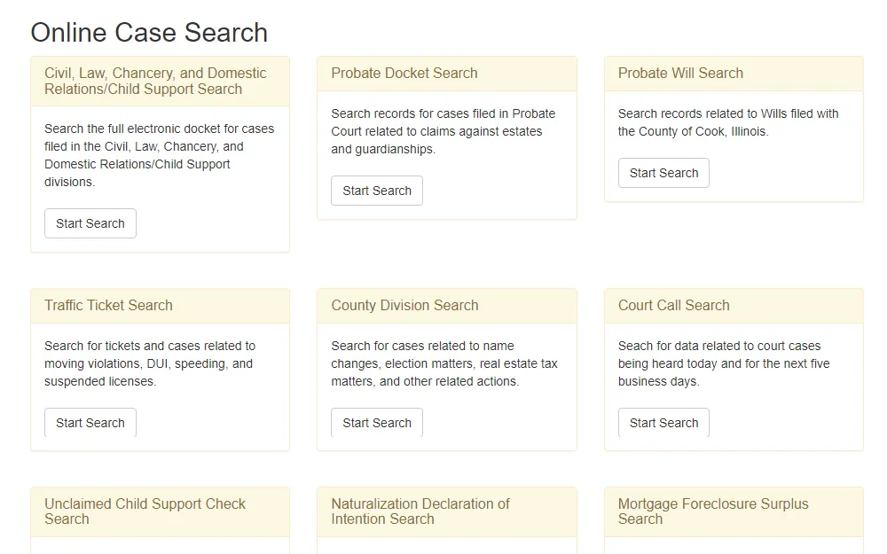 A screenshot showing the different types of online case search tools offered by the Clerk of the Circuit Court of Cook County, which include the Probate Docket Search, Probate Will Search, County Division Search, and many more.
