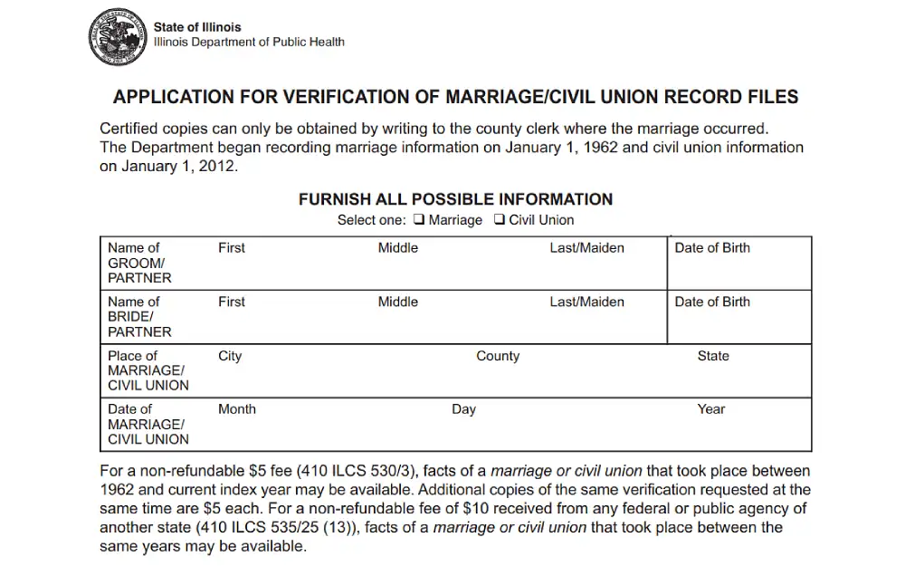 A screenshot of an application for verification of marriage or civil union record files that requires details such as first, middle, last and maiden name of groom and bride, place and date of marriage.