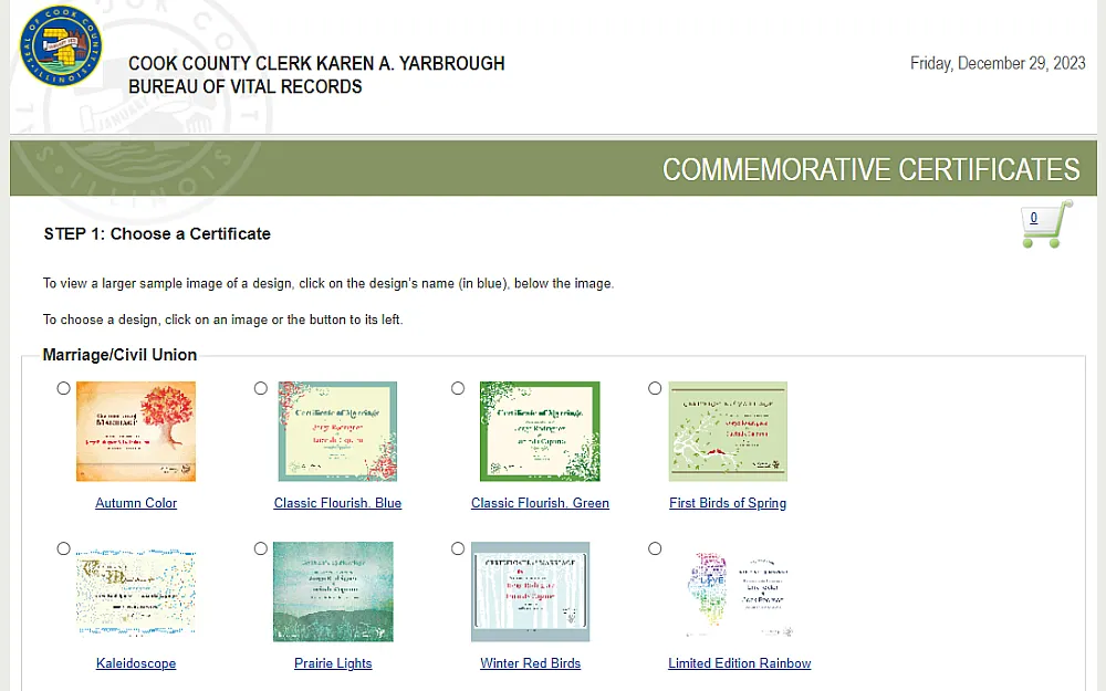 A screenshot from Cook County Clerk’s Office, Bureau of Vital Records displaying an online form for commemorative certificate starting with step 1 which is choosing a certificate for marriage or civil union.