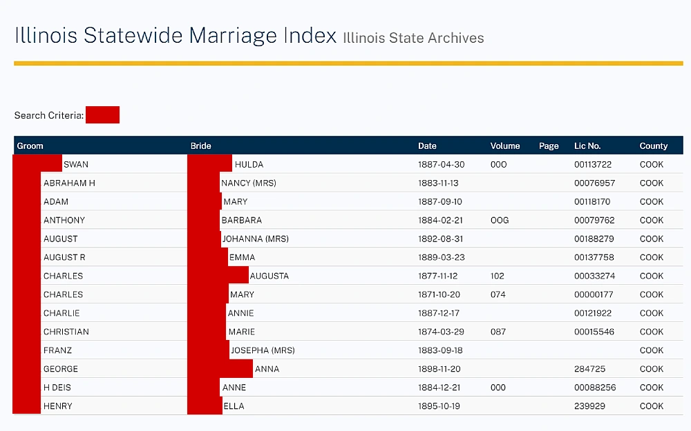 A screenshot showing an Illinois statewide marriage index search results displaying the groom and bride's name, date, volume, page, license number and county from Illinois State Archives website.