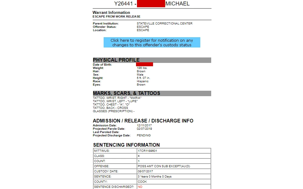 Screenshot of a wanted fugitive's details, including warrant information, physical profile, identifiers, and sentencing information.