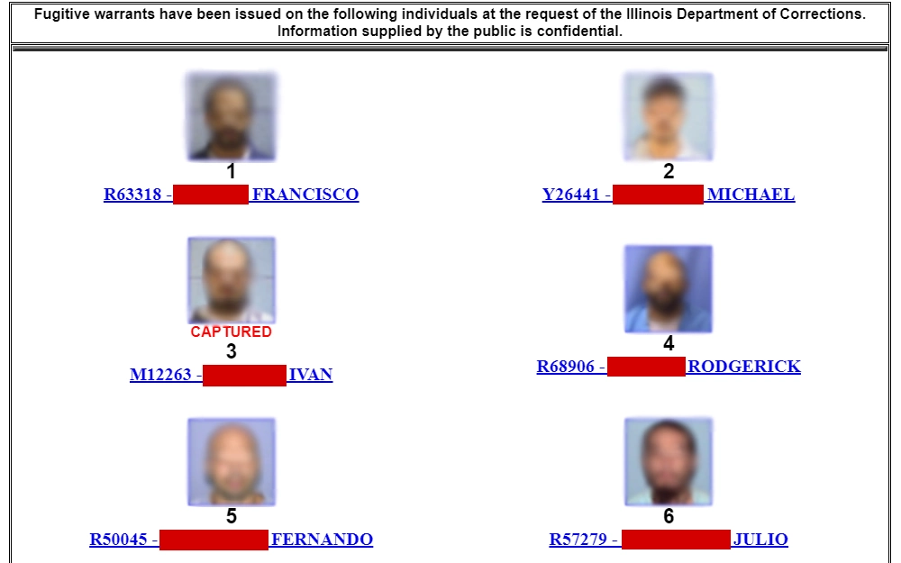 Screenshot of the wanted fugitives in Illinois, displaying their mugshots and names.