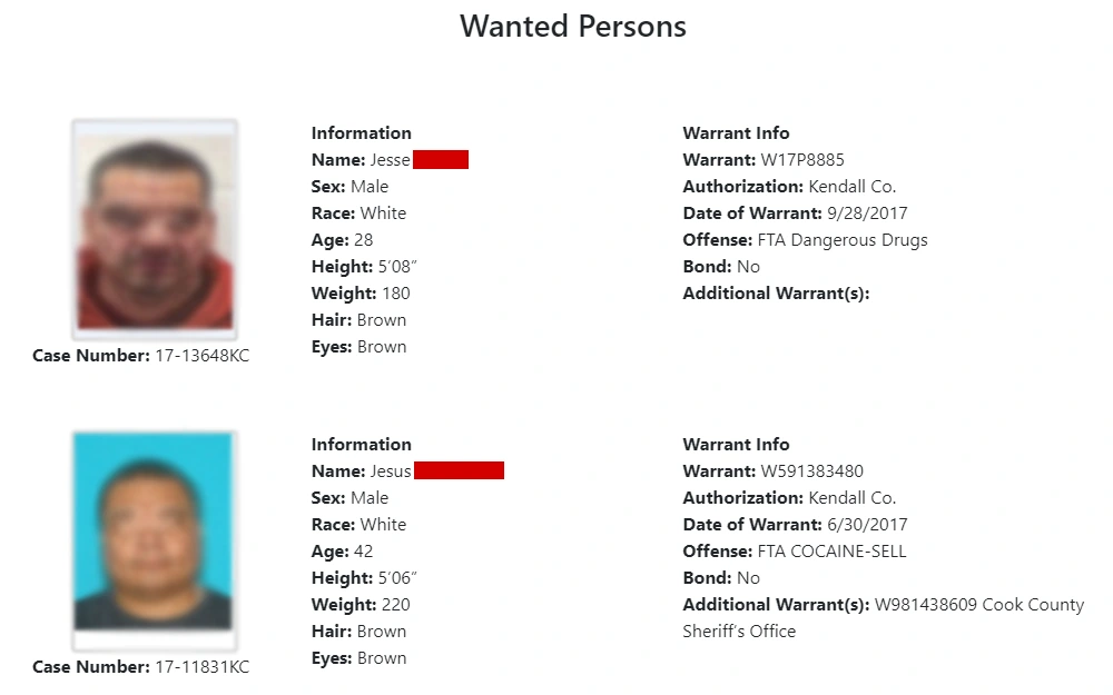 Screenshot of the wanted persons list displaying their mugshots, case numbers, basic information, and warrant information.