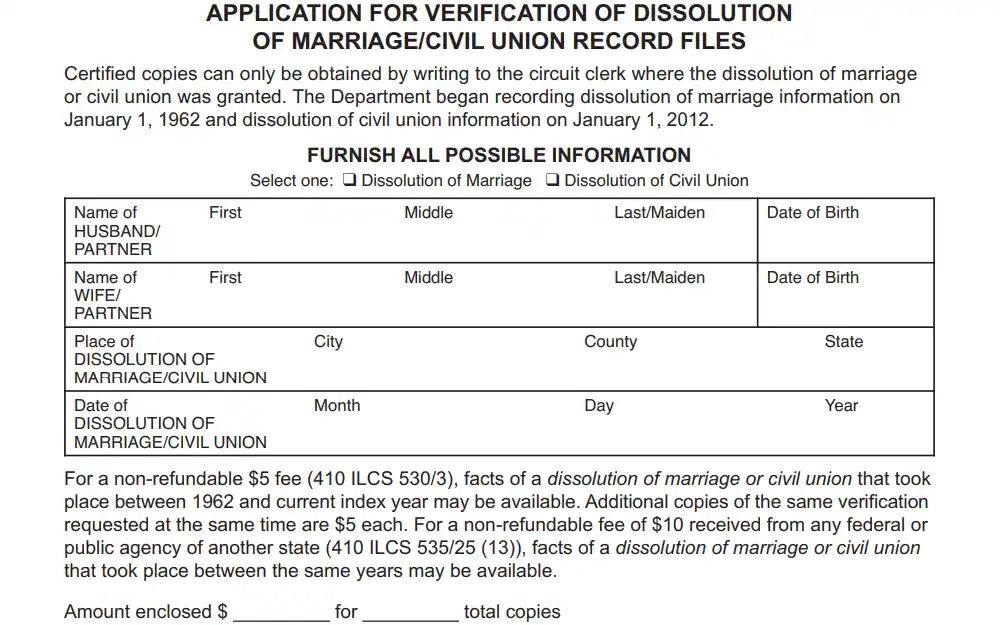A screenshot of the application form for marriage or civil union dissolution verification, with spaces provided for the parties' names, birthdates, place and date of dissolution, and fees.