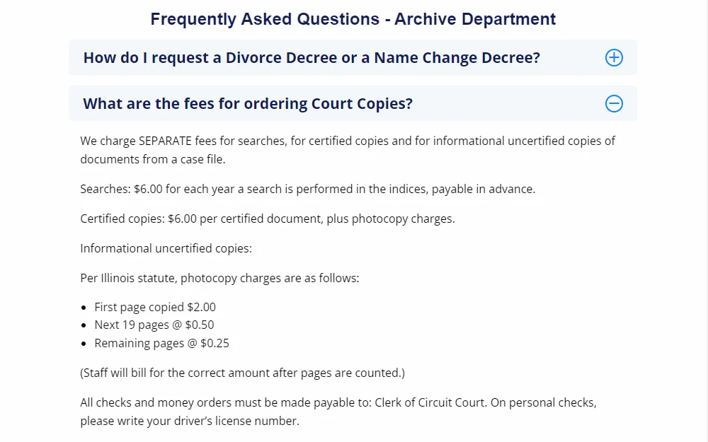Screenshot of the frequently asked questions from the Archives Department of Cook County shows the fees for obtaining court copies.