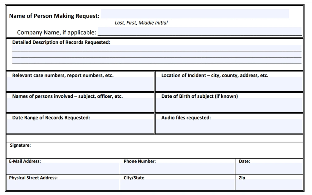 A screenshot showing the document or audio file request online form with details to be filled in, such as the first, middle and last name of the person making the request, company name, detailed description of records requested, relevant case numbers, report numbers, location of the incident, city, county, address and others.