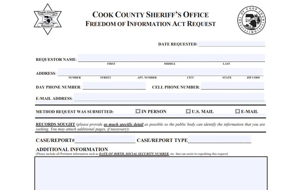 A screenshot showing a Cook County Sheriff's Office Freedom of Information Act Request form with details to be filled in, such as the requestor's first, middle and last name, complete address including apartment number, street, city, state and ZIP code.