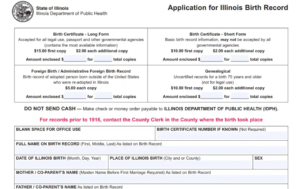 A screenshot from the Illinois Department of Public Health shows a form for applying for a birth certificate in Illinois, detailing options for long form, short form, and genealogical copies, including prices and instructions for payment.