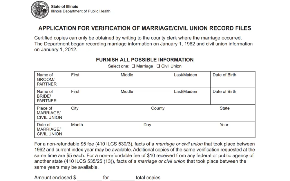 A screenshot showing the application form document for verification of marriage/civil union record files that must be submitted and filled out when requesting a marriage record.