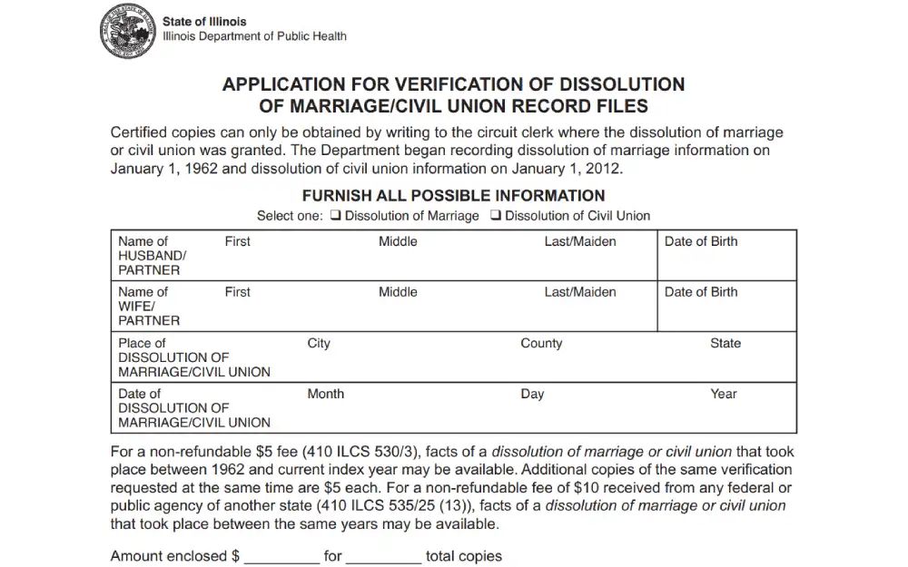 A screenshot showing the application for verification of dissolution of marriage/civil union record file form that must be filled out and submitted when a couple wants to obtain their divorce record.