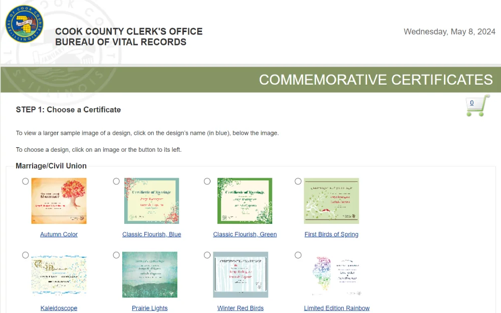 A screenshot of the step one process in ordering a commemorative marriage certificate online in the Commemorative Certificates Store service offered by the Cook County Clerk's Office for couples wanting a commemorative marriage certificate.